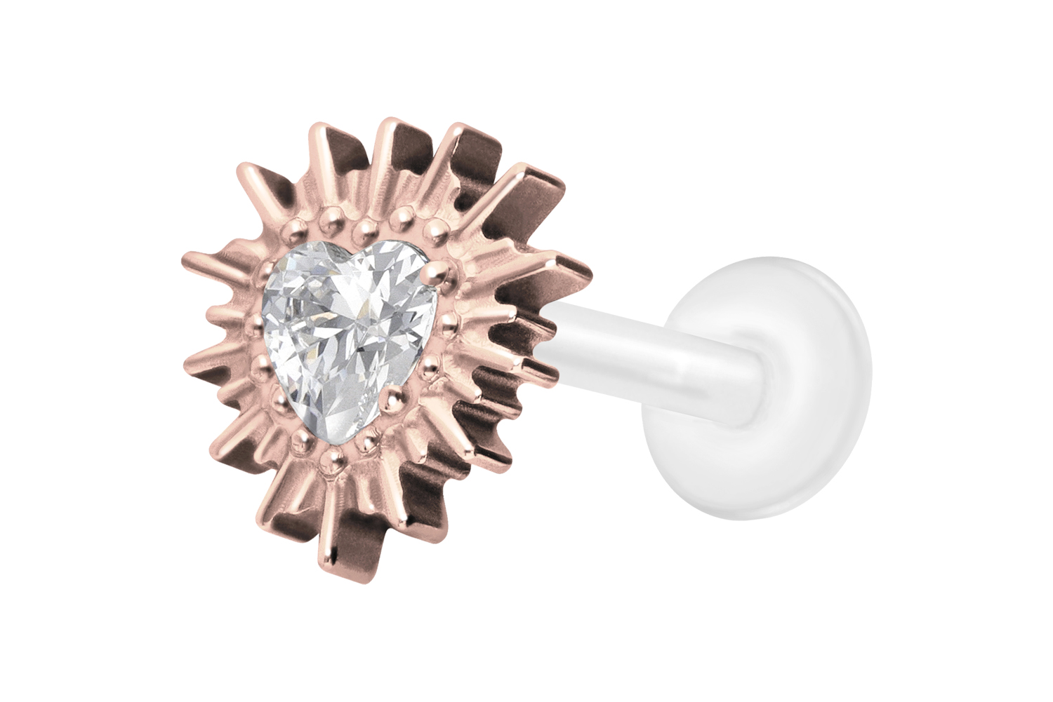 PTFE Labret Piercing mit Innengewinde + Titan-Aufsatz KRISTALLHERZ + SONNENSTRAHLEN